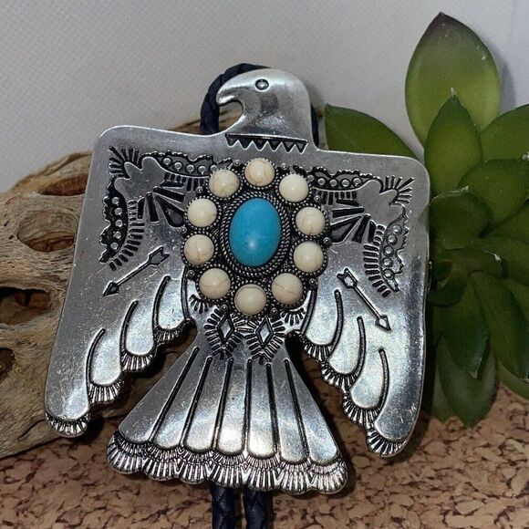 Unique Thunderbird T-Bird White Blue Turquoise Concho Lariat Bolo Tie Wedding - Picture 4 of 16